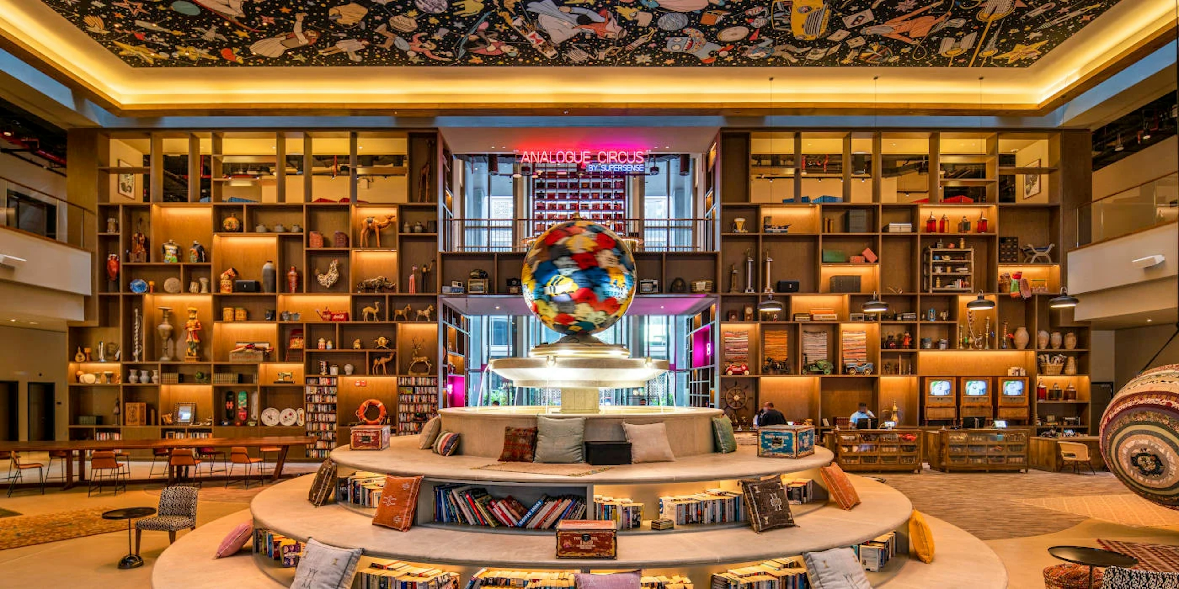 The ‘Fountain of Tales’, a colossal fountain with seating spaces and bookshelves featuring over 5,000 books