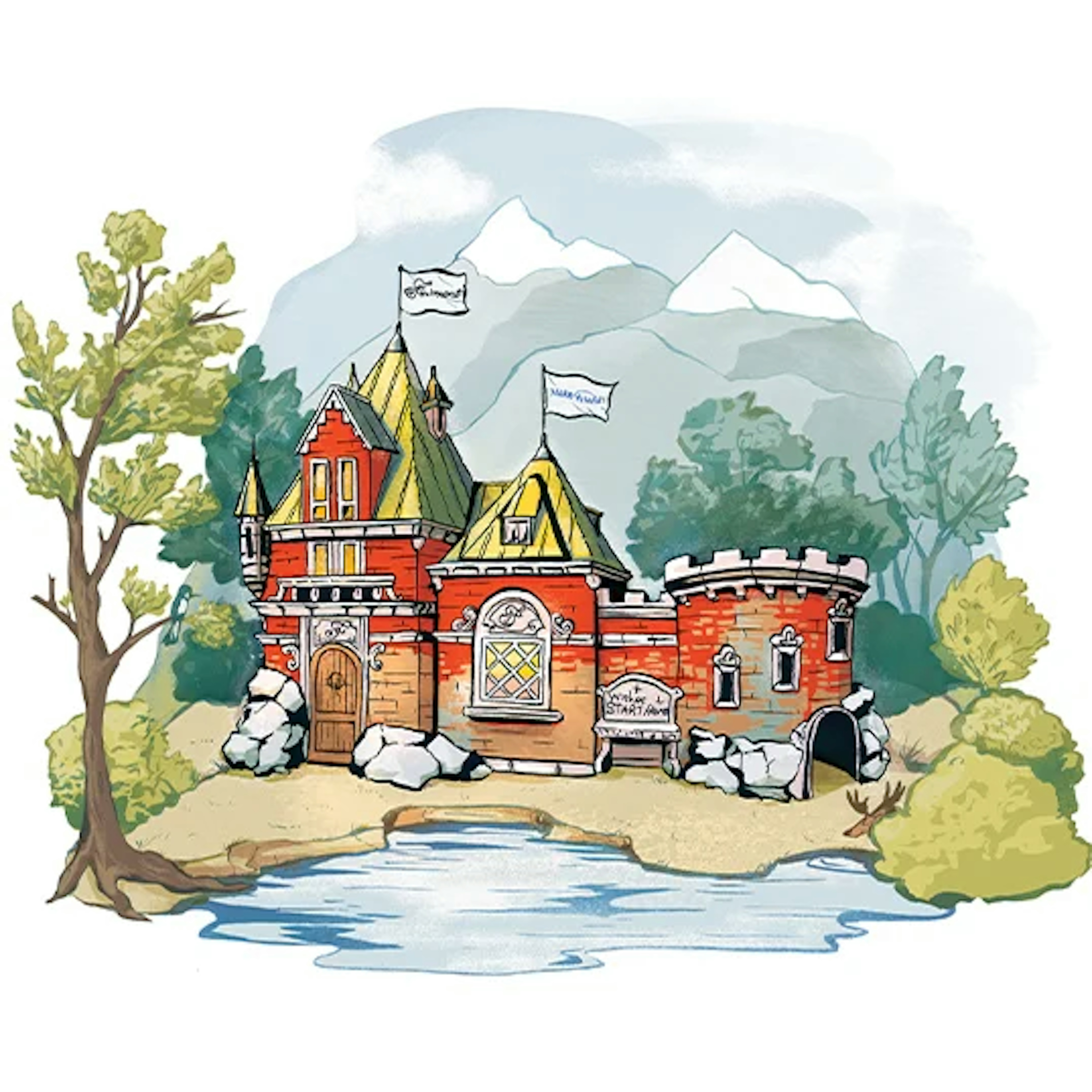 Château illustré rouge et jaune au bord d'un étang avec arbres et montagnes, arborant les drapeaux "Fairmont" et "Make-A-Wish".